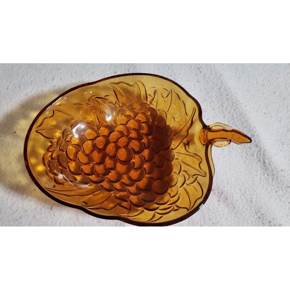 Large Vintage 1960 Amber Grape Dish Bowl Mid Century Glass Fruit Serving Bowl